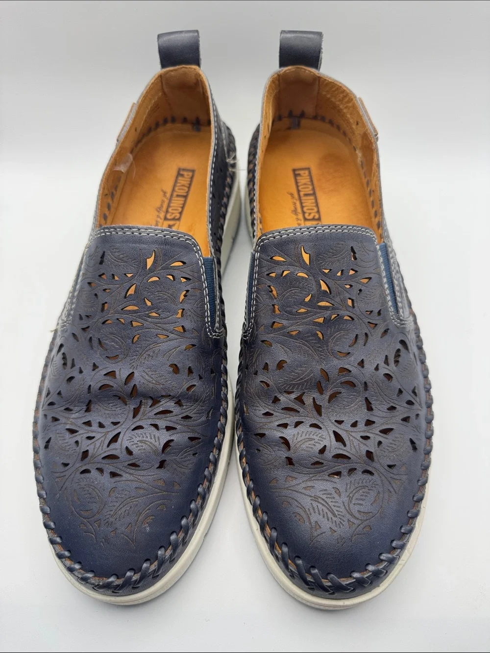 Pikolinos Navy Laser Cut Leather Slip On Loafers Shoes EU 38 US 7.5